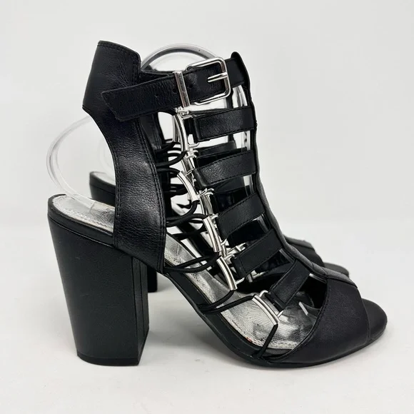 Gianni Bini Gladiator Heels Strappy Sandals Black Leather Women's - Picture 2 of 13